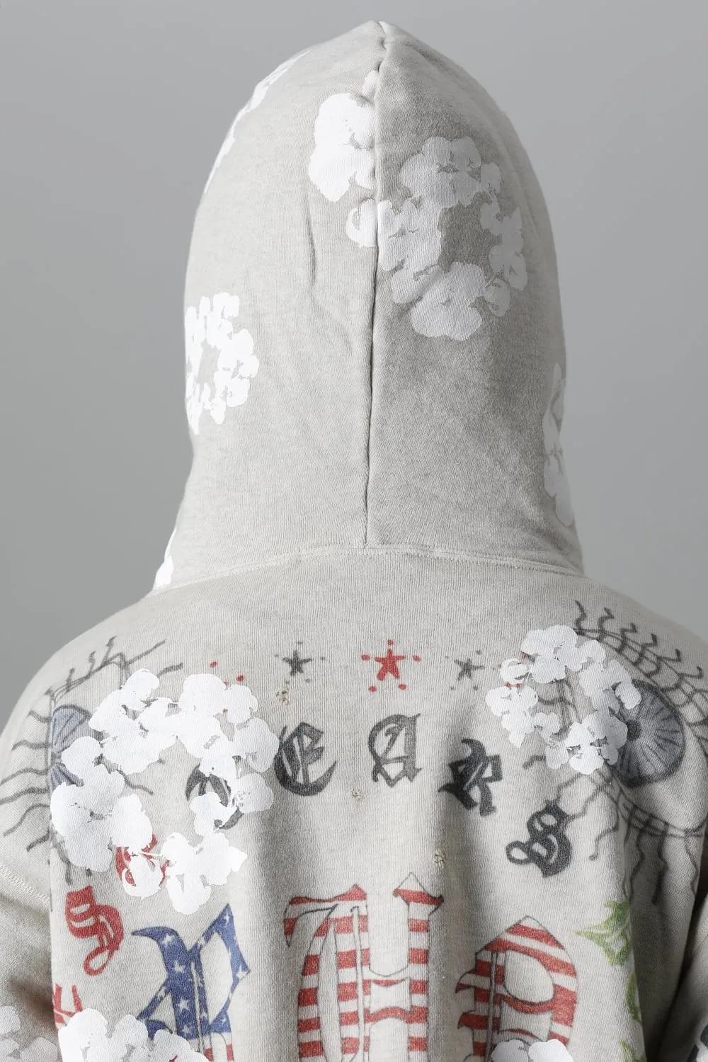 DENIM TEARS × ©SAINT M×××××× "SAINT TEARS" Graffiti Hoodie Joint Model Cotton Graffiti Hoodie Fully Printed Washed Distressed Holes Vintage Sweatshirt Gray S-XL Super Heavy Duty! The whole piece is printed with 35 screens and counterpoint printing!
